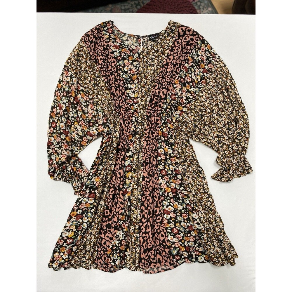GiGio USA Floral Animal Print Patchwork Mini Dress Large Cottagecore Boho